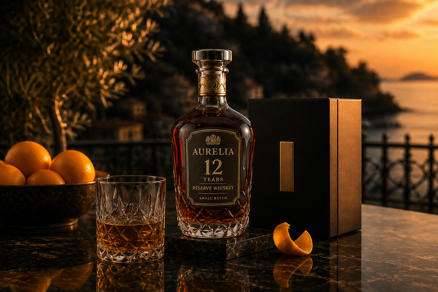 Premium whiskey, crystal glass and citrus at sunset